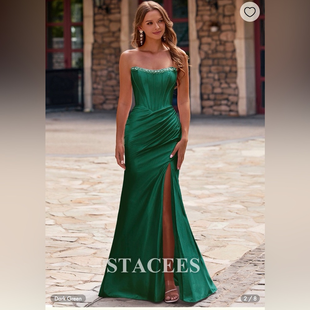 Stacees Fitted Pearls Beads Strapless Corset Ruched Prom Dress with Slit - Picture 1 of 2
